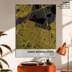 Strip below poster yellow map of Ciudad Nezahualcoyotl