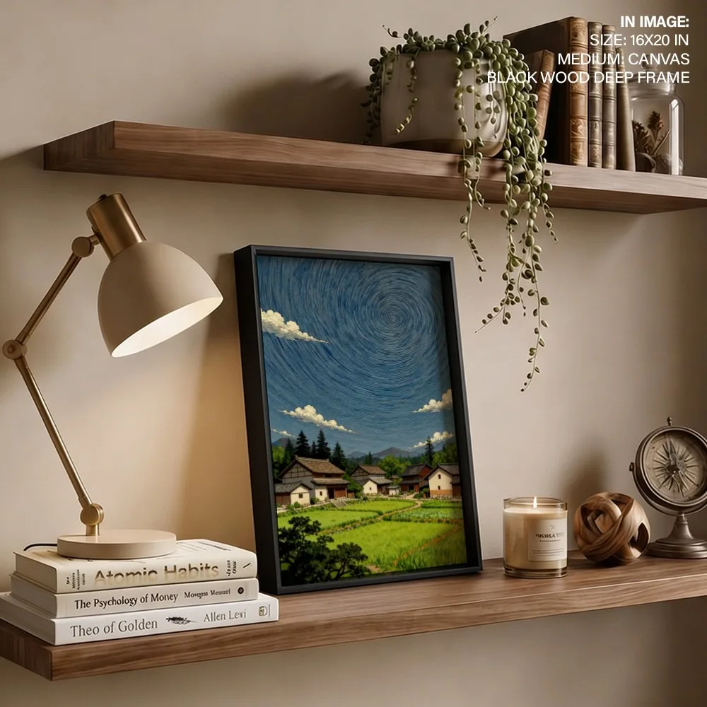 Surrealism Japanese Village Swirling Sky – Vastu Energy Wall Art, West, For Prosperity and Stability.