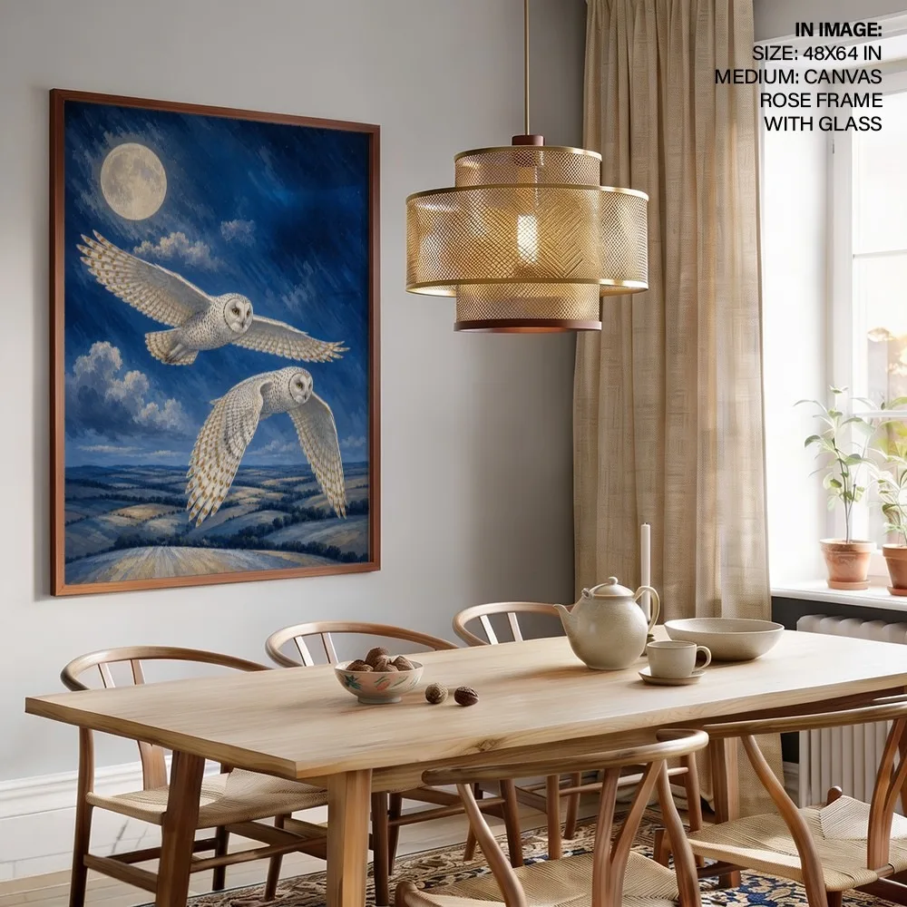 Snowy Owls' Moonlit Flight – Vastu Shastra Art, West, For Wisdom and Prosperity