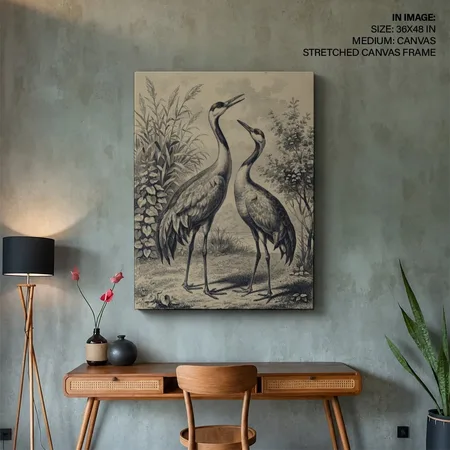Vintage Two Cranes Looking Up – Vastu Energy Wall Art, Southwest, For Fidelity and Harmony