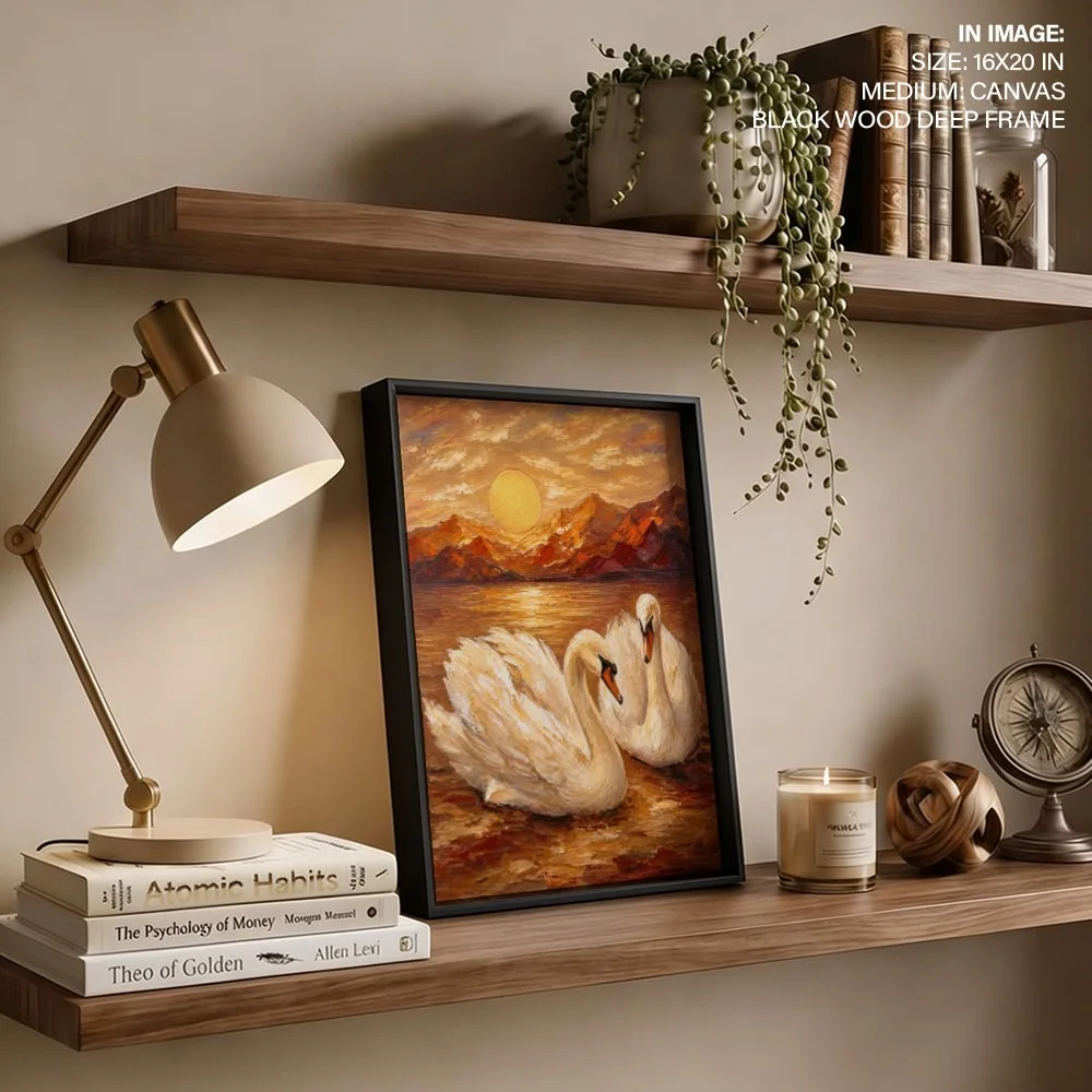 Romantic Two Swans Sunset – Vastu Shastra Art, Southwest, For Fidelity and Harmony