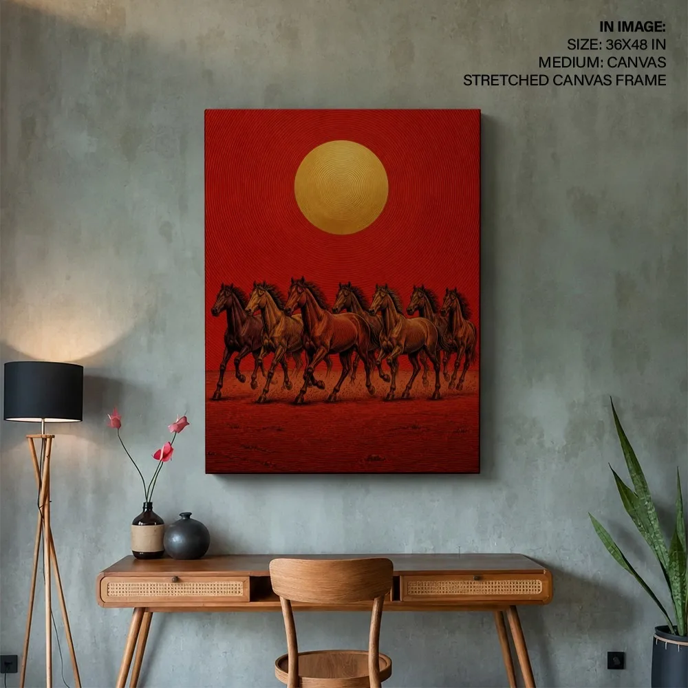 Vintage Seven Running Horses Red Sky – Vastu Wall Hanging, South, For Fame and Power