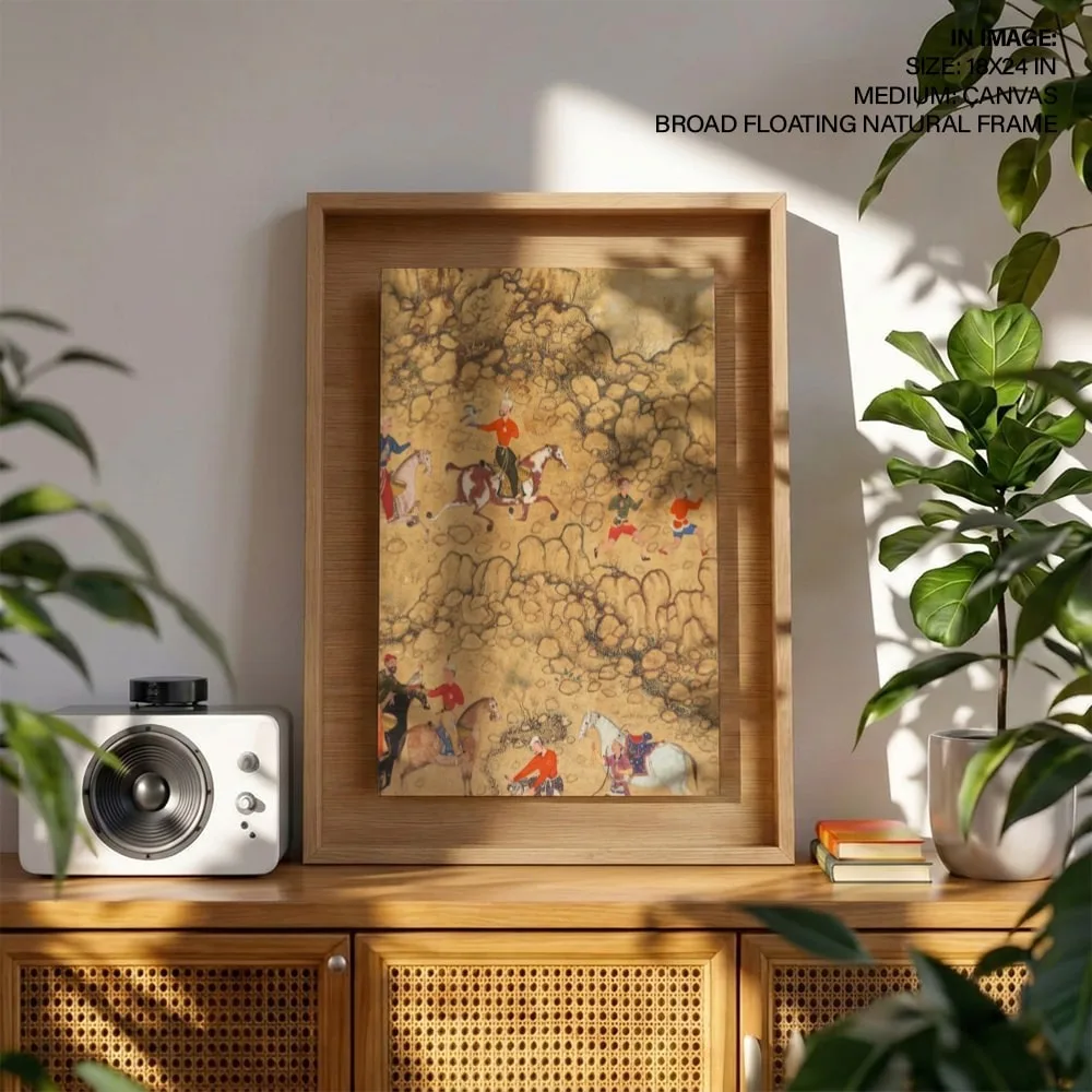 Hunting with falcons in a landscape; Verso Calligraphy of Chaghatai Turkish poems in praise of wine by Abd al-Samad (c1558-1700) – Home Decor