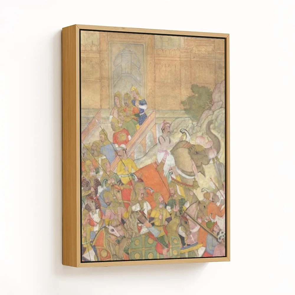 The Emperor Akbar and his troops leave a fortress a page from an Akbarnama, mounted on a page from t by Unknown Artist (1603-1608) – Wall Painting
