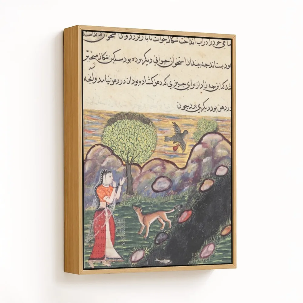 The daughter-in-law of the king of Banaras sees the jackal deprived of its food by a bird, as it uns by Unknown Artist (c1560) – Wall Hanging